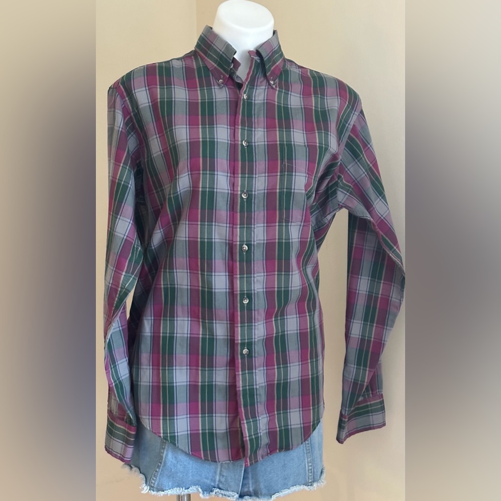 SERO Discontinued Style 1970’s Plaid Pink Green Blue Long Sleeve Collard…